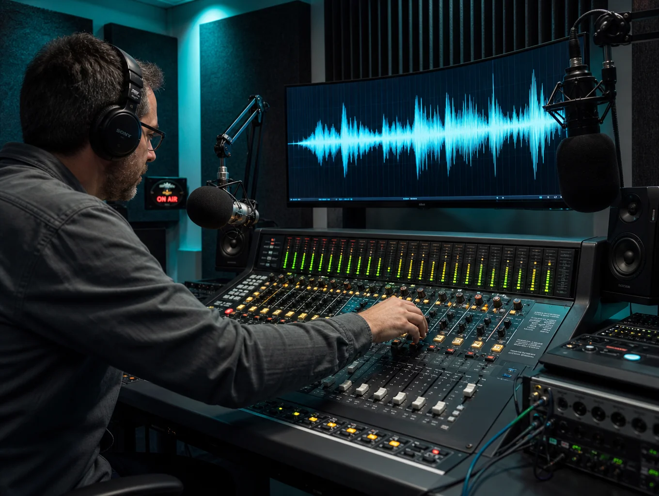 Estudio de radio profesional con micrófonos y mesa de mezclas